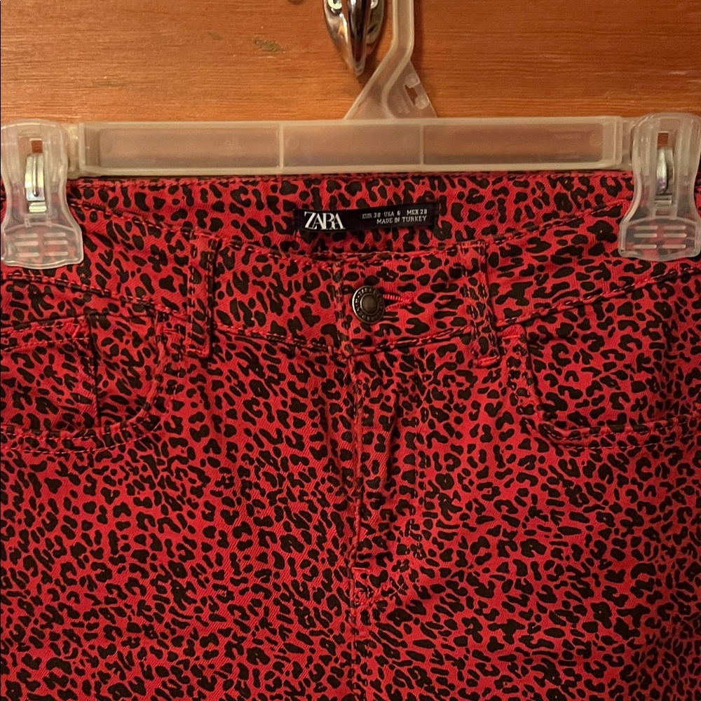 Zara Red and Black Leopard Print Jeans